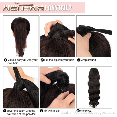 Heat Resistant Long Curly Black Clip On Deep Wave Pre Plucked Fiber Wigs Synthetic Ponytail Hair Extensions